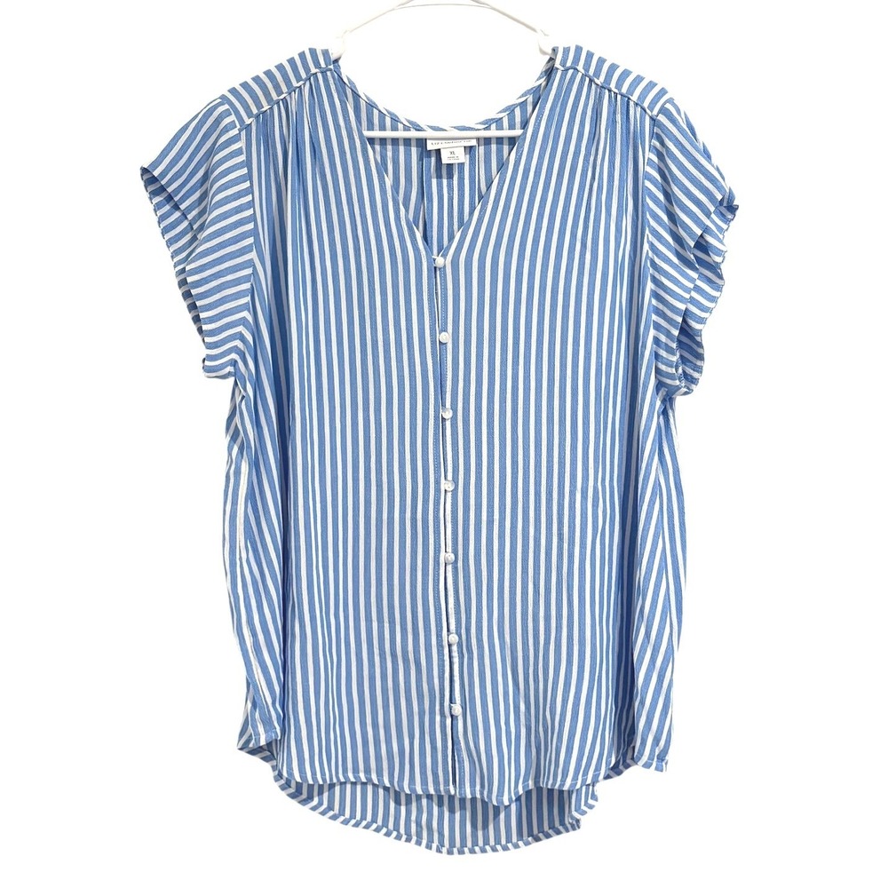 Liz Claiborne Blue White Striped Flutter Sleeve Button Front Blouse XL